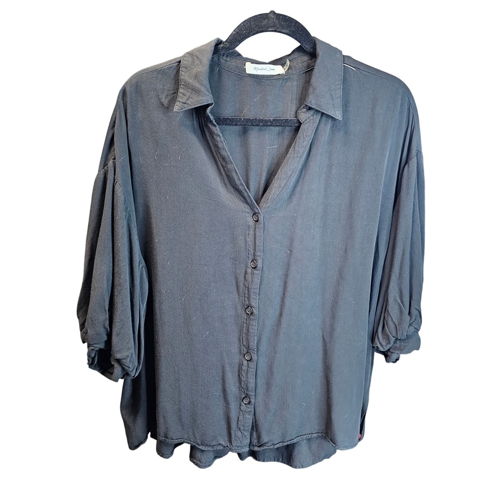 Mustard Seed Womens Off Black‎ Puff Sleeve Button Down Blouse Oversized Small - Picture 2 of 7
